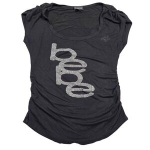 Vintage Bebe Y2k Rhinestone‎ Ruched Side Short Sleeve Top Size M USA Bratz 2000s